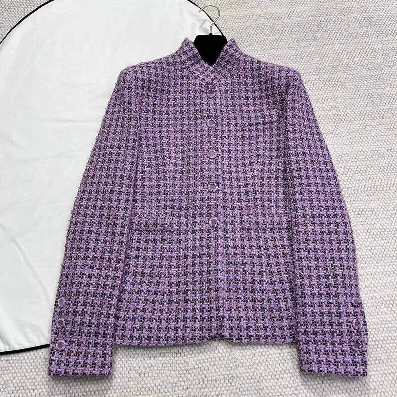 Autumn Winter New High-End Little Style Wool Coat for Women Purple Plaid Soft Tweed Small Stand Collar Top Socialite Women's Clothing