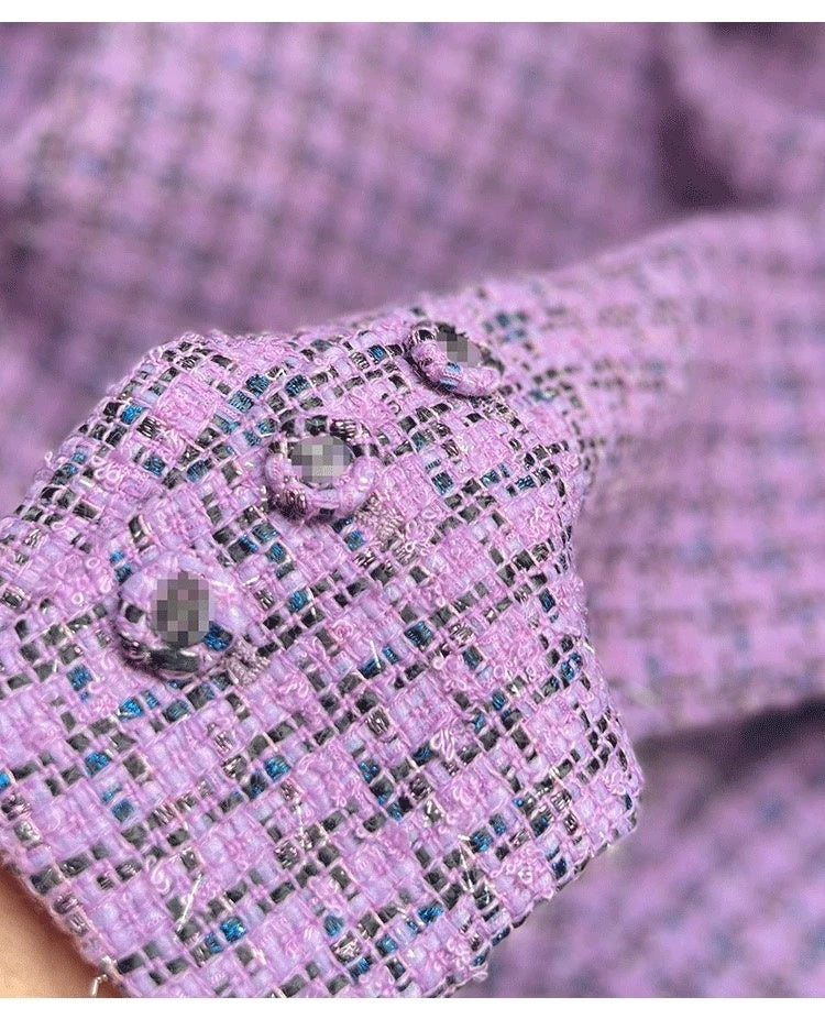Autumn Winter New High-End Little Style Wool Coat for Women Purple Plaid Soft Tweed Small Stand Collar Top Socialite Women's Clothing