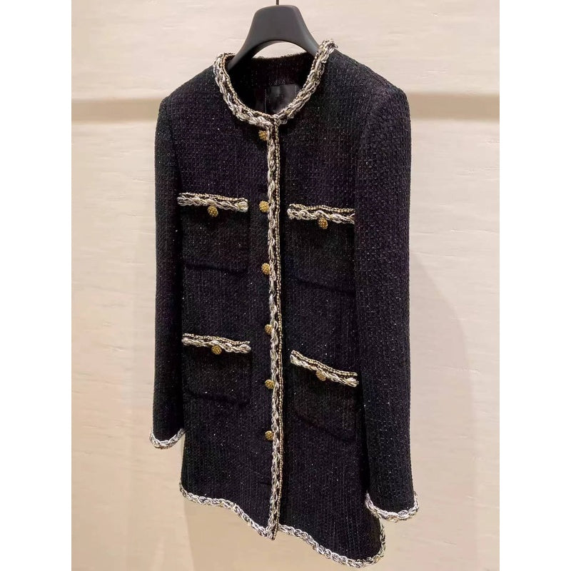Little Black Long Style Elegant Coat for Women Mid-Length Metal Buckle Decorated Wool Tweed