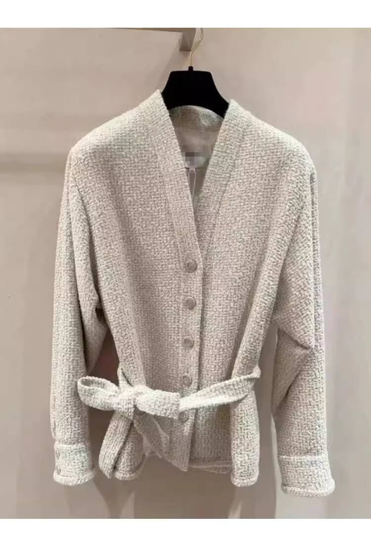 Autumn Winter New Off-White Wool Coat Wide-Leg Bathrobe Tweed Top Pants Socialite Celebrity Style Set