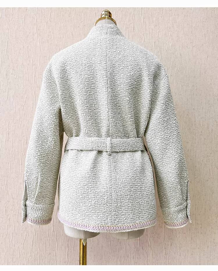 Autumn Winter New Off-White Wool Coat Wide-Leg Bathrobe Tweed Top Pants Socialite Celebrity Style Set