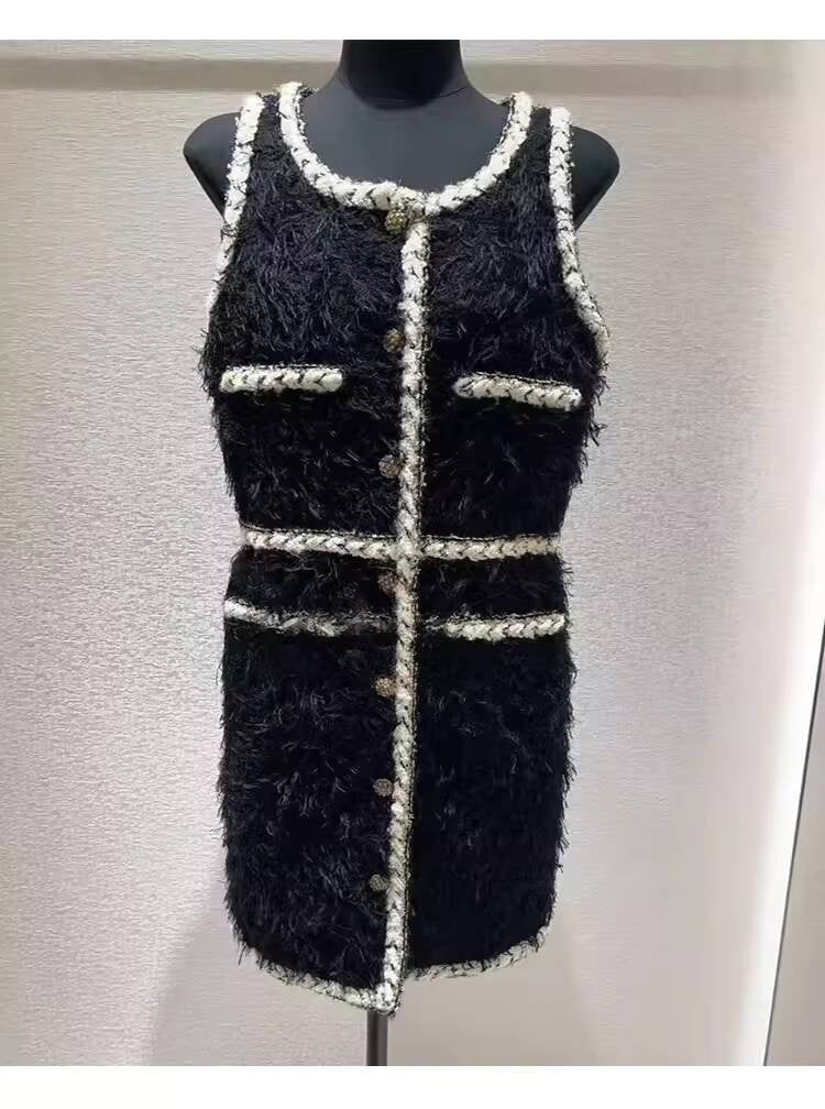 Wool Tweed Coat Women's Dress Black Gold Button Color-Block Suit Slimming Fashion Rich Girl Style