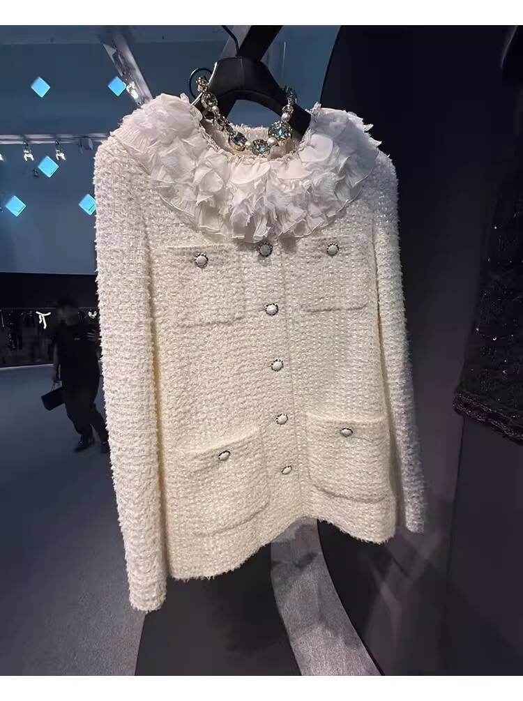 Style White Tweed Suit for Women, Autumn Winter, Socialite Jacket Shorts, Slimming and Elegant High-End Women's Clothing