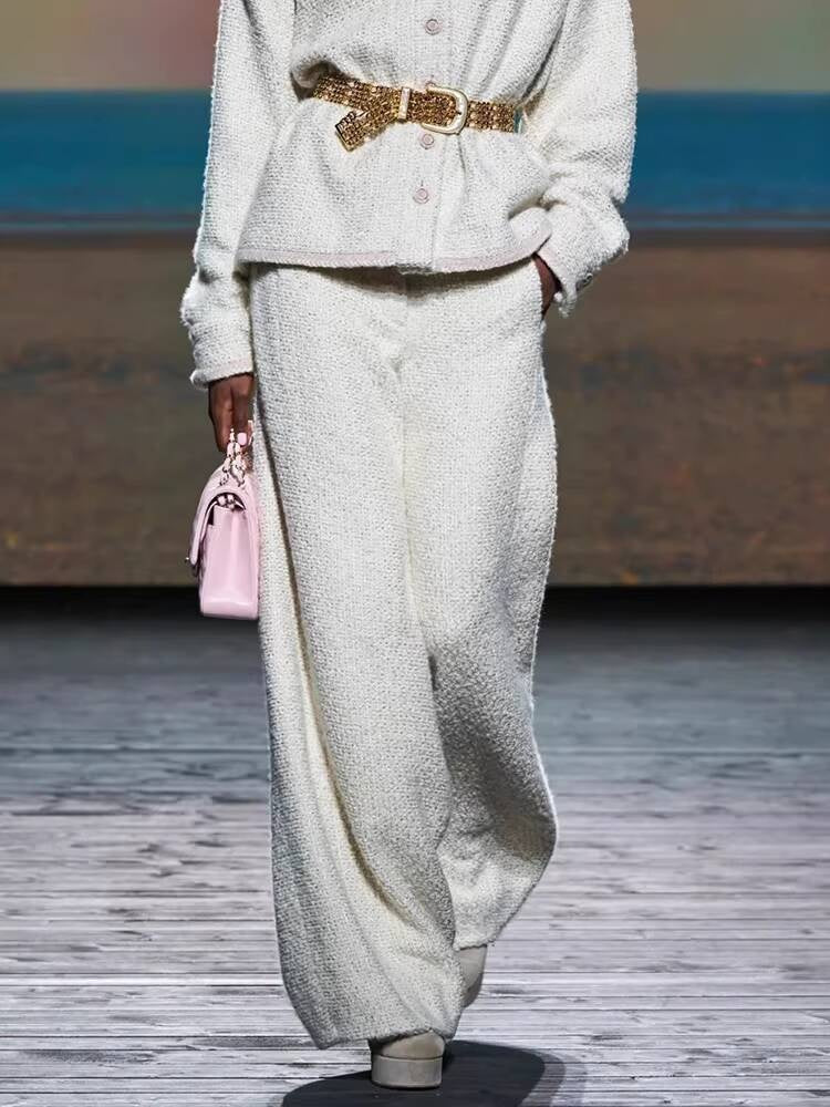 Autumn Winter New Off-White Wool Coat Wide-Leg Bathrobe Tweed Top Pants Socialite Celebrity Style Set