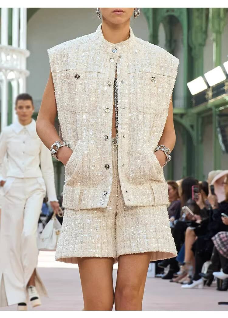 Spring Summer New Style Little Suit Vest Jacket Waistcoat Mid-Length Wide-Leg Pants Sequin Tweed Socialite Two-Piece Set