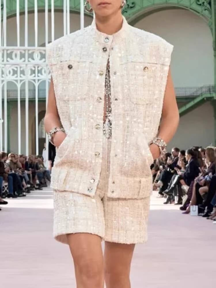 Spring Summer New Style Little Suit Vest Jacket Waistcoat Mid-Length Wide-Leg Pants Sequin Tweed Socialite Two-Piece Set