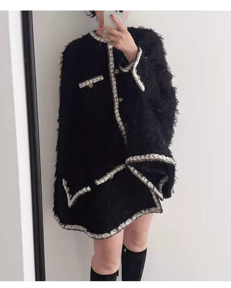 Wool Tweed Coat Women's Dress Black Gold Button Color-Block Suit Slimming Fashion Rich Girl Style