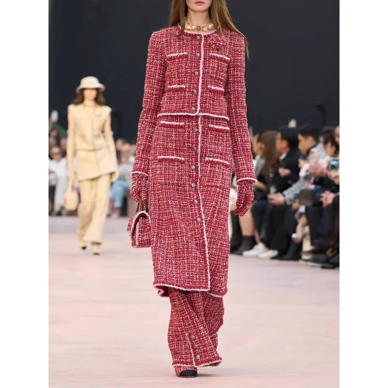 Autumn Winter Little Style for Women Wool Tweed Coat Skirt Wide-Leg Pants Three-Piece Set Socialite Elegant Haute Couture
