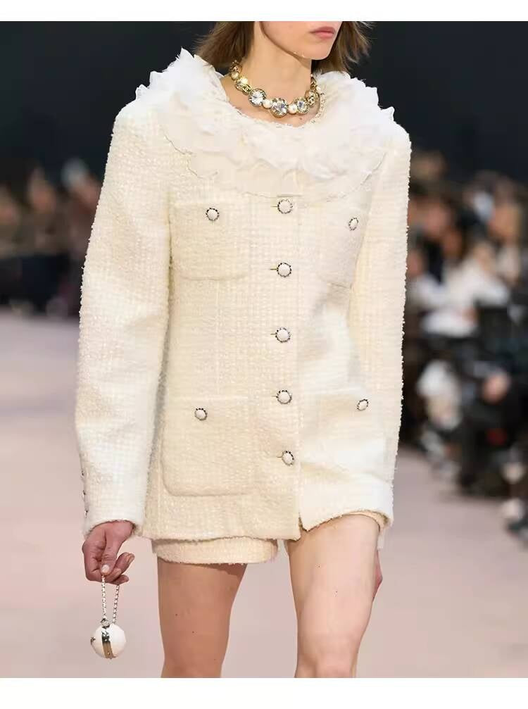 Style White Tweed Suit for Women, Autumn Winter, Socialite Jacket Shorts, Slimming and Elegant High-End Women's Clothing