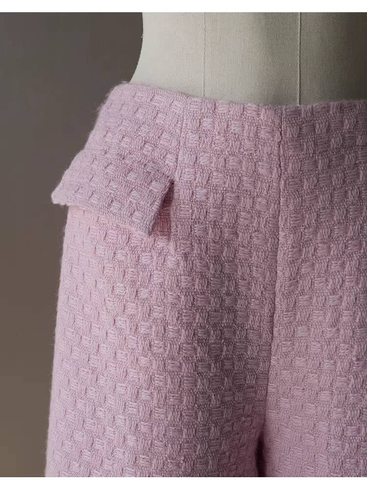 Spring and Autumn Little Style Socialite Elegant Suit Women's Coat Wide-Leg Mid-Length Pants Wool Tweed High-End Pink Two-Piece Set