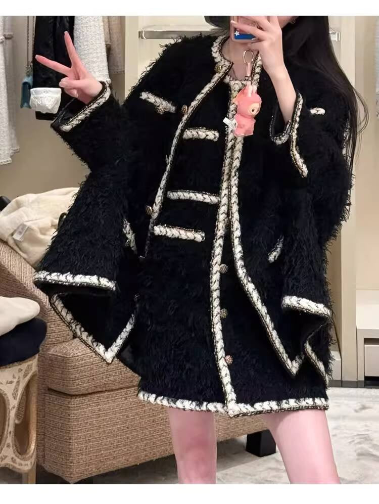 Wool Tweed Coat Women's Dress Black Gold Button Color-Block Suit Slimming Fashion Rich Girl Style
