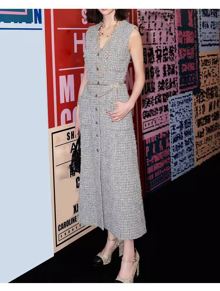 Spring Summer Little Style Women Mid-Length High-End Modern Gray Slim Fit Tweed Vest Dress Women's Clothing