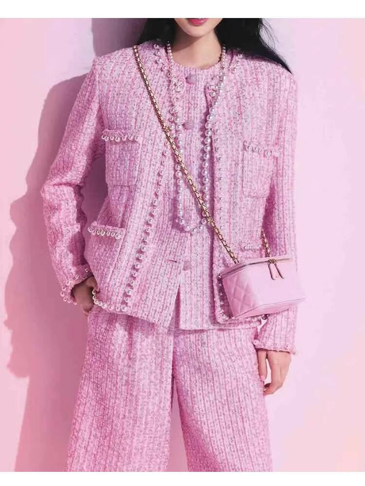 Spring Summer New Style Little Suit Jacket and Pants Wide-Leg Wool Tweed Elegant Versatile Slimming Socialite Women's Clothing