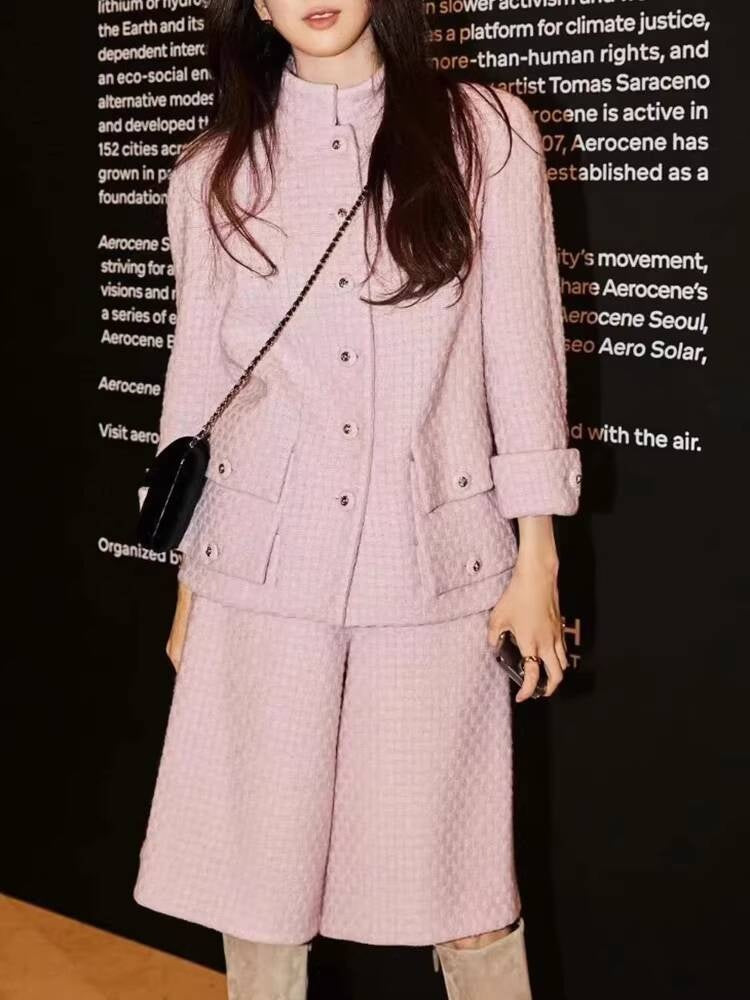 Spring and Autumn Little Style Socialite Elegant Suit Women's Coat Wide-Leg Mid-Length Pants Wool Tweed High-End Pink Two-Piece Set
