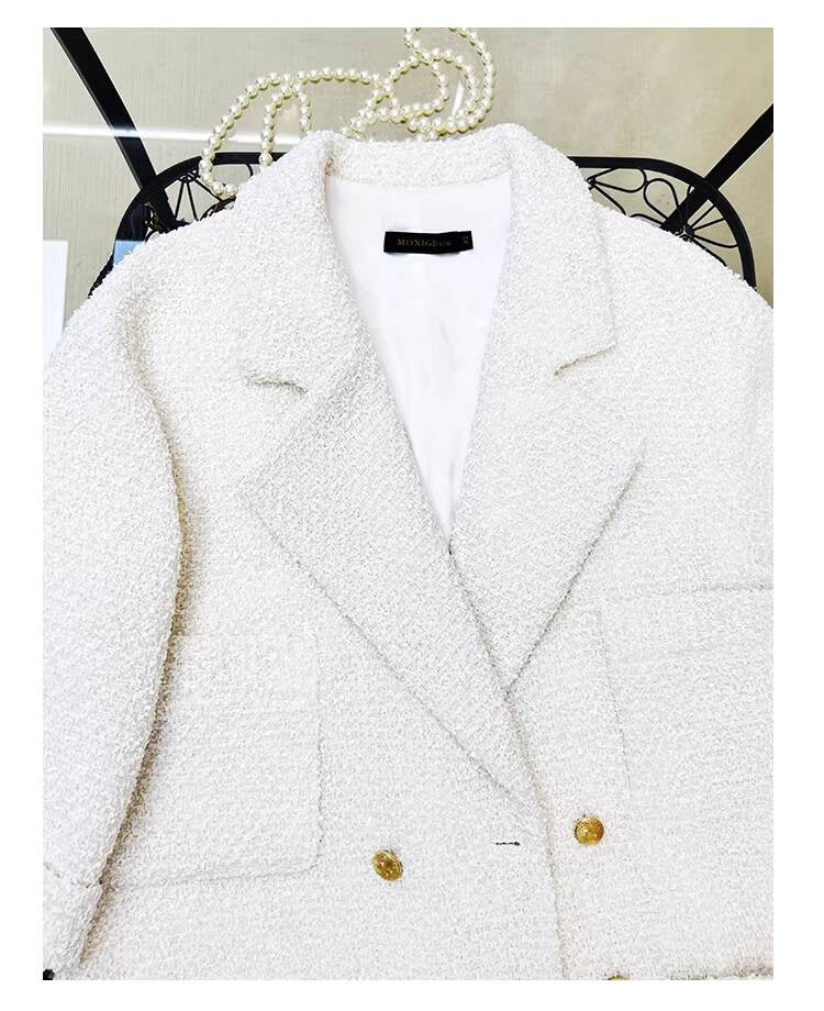 Shiny Silk Style Coat for Women, Socialite Autumn Winter New Black Loose Blazer, Thickened Mid-Length Tweed Overcoat