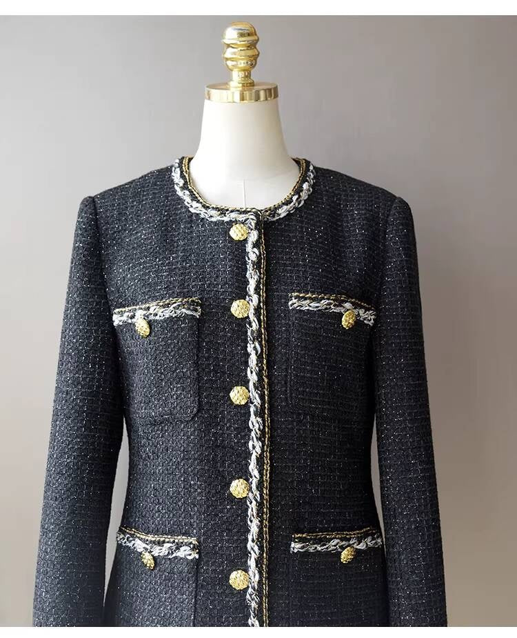 Little Black Long Style Elegant Coat for Women Mid-Length Metal Buckle Decorated Wool Tweed