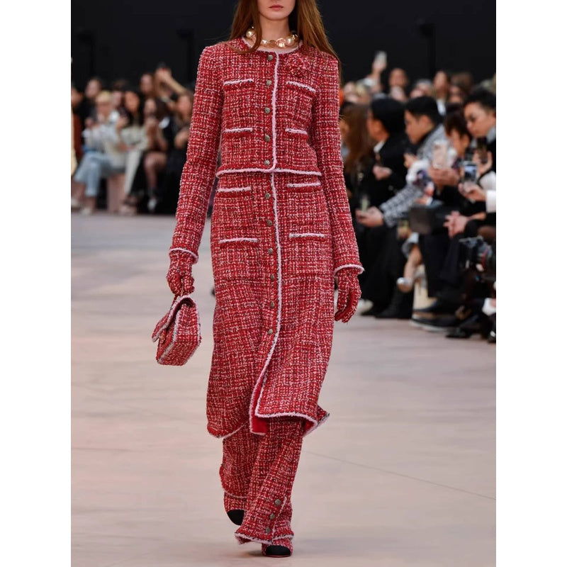 Autumn Winter Little Style for Women Wool Tweed Coat Skirt Wide-Leg Pants Three-Piece Set Socialite Elegant Haute Couture