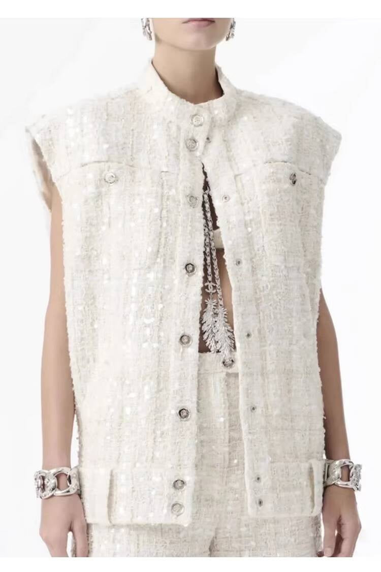 Spring Summer New Style Little Suit Vest Jacket Waistcoat Mid-Length Wide-Leg Pants Sequin Tweed Socialite Two-Piece Set