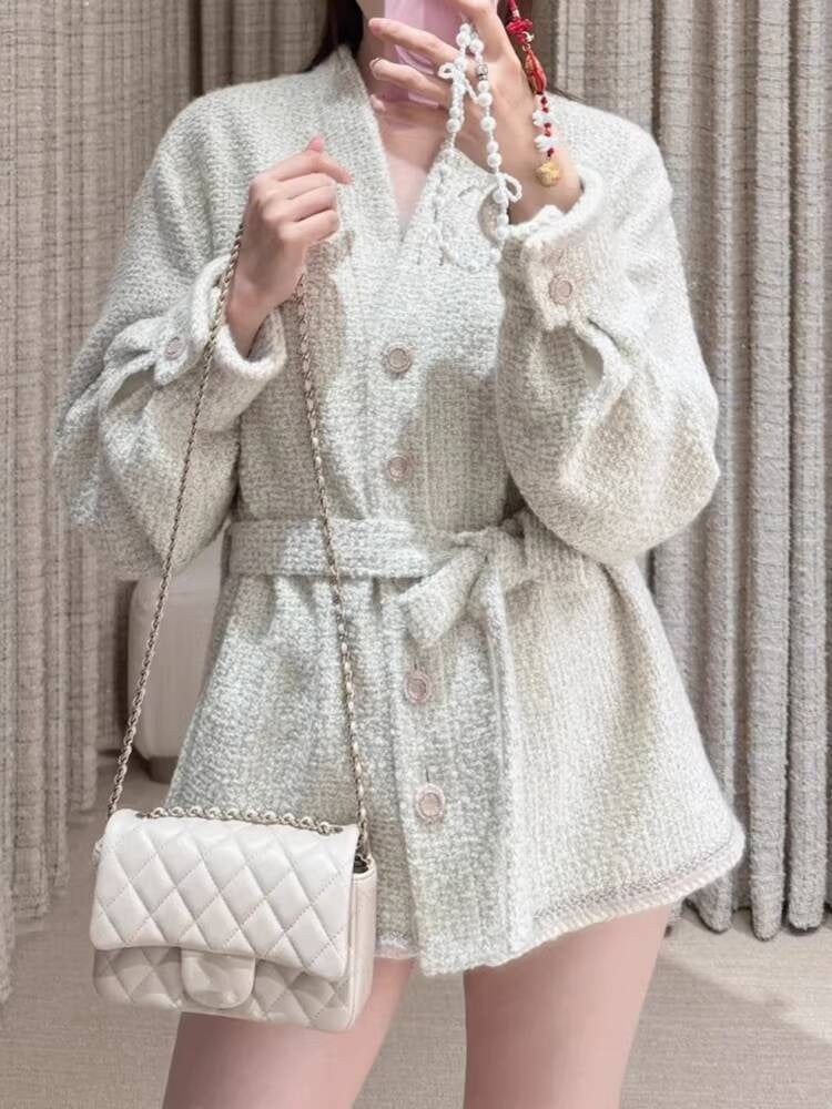 Autumn Winter New Off-White Wool Coat Wide-Leg Bathrobe Tweed Top Pants Socialite Celebrity Style Set
