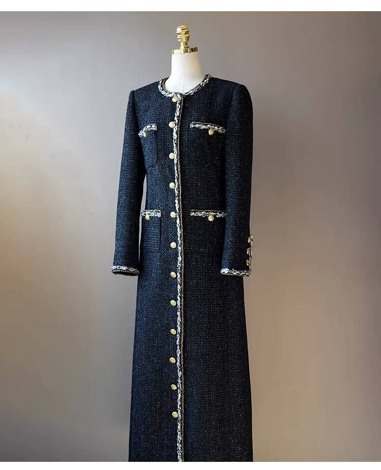 Little Black Long Style Elegant Coat for Women Mid-Length Metal Buckle Decorated Wool Tweed