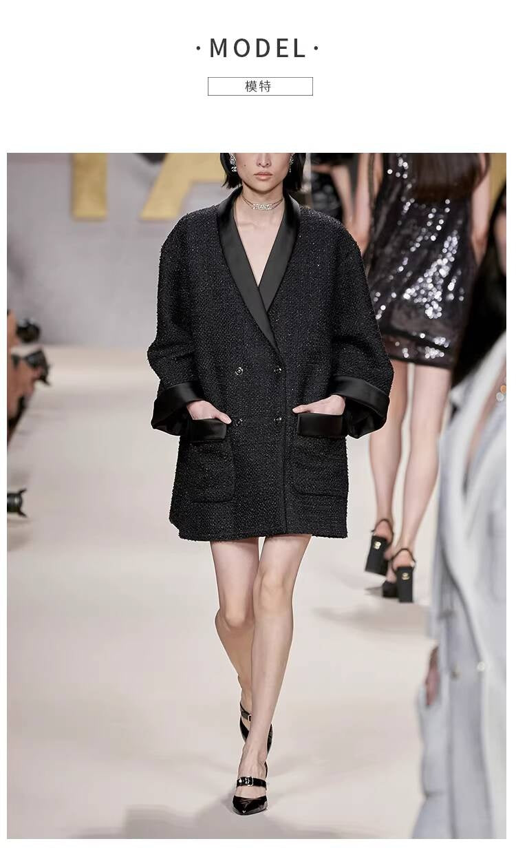 Shiny Silk Style Coat for Women, Socialite Autumn Winter New Black Loose Blazer, Thickened Mid-Length Tweed Overcoat