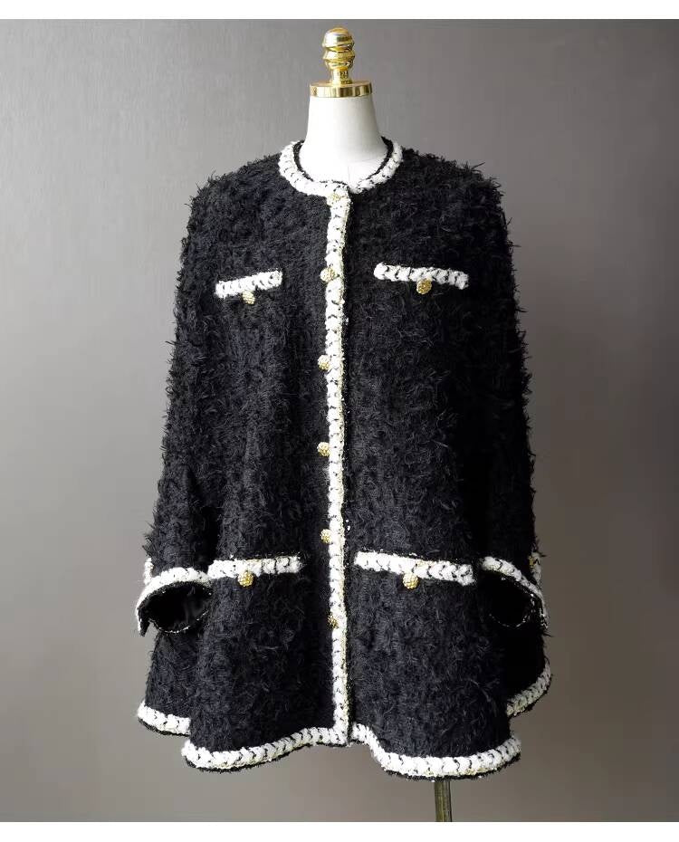 Wool Tweed Coat Women's Dress Black Gold Button Color-Block Suit Slimming Fashion Rich Girl Style