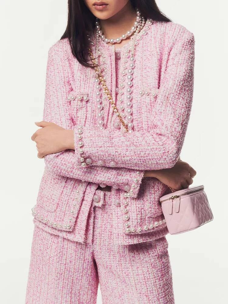 Spring Summer New Style Little Suit Jacket and Pants Wide-Leg Wool Tweed Elegant Versatile Slimming Socialite Women's Clothing