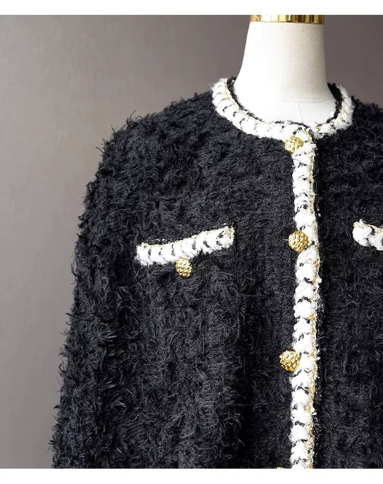 Wool Tweed Coat Women's Dress Black Gold Button Color-Block Suit Slimming Fashion Rich Girl Style