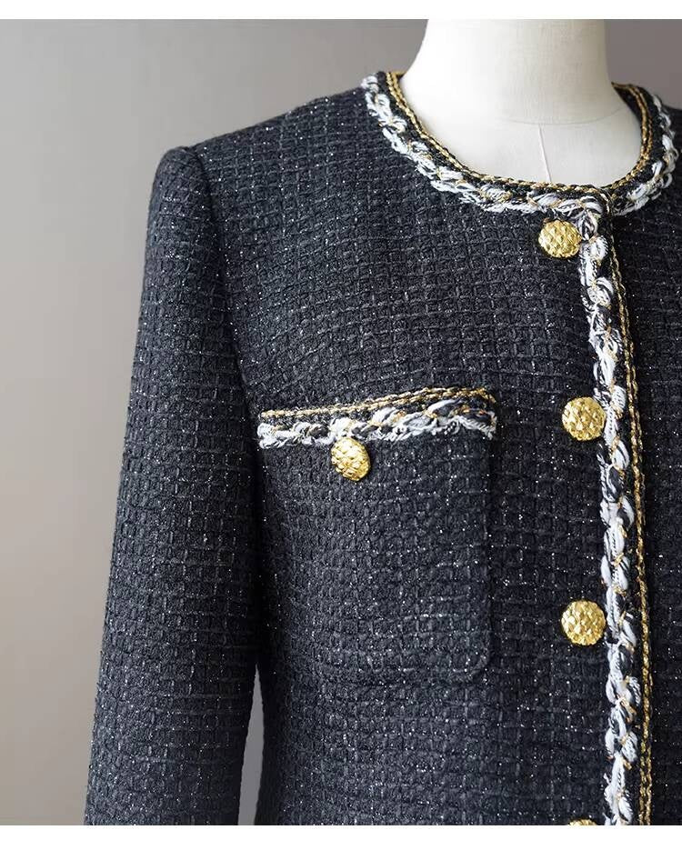 Little Black Long Style Elegant Coat for Women Mid-Length Metal Buckle Decorated Wool Tweed