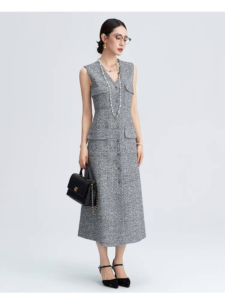 Spring Summer Little Style Women Mid-Length High-End Modern Gray Slim Fit Tweed Vest Dress Women's Clothing