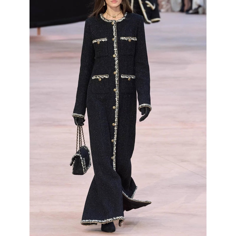 Little Black Long Style Elegant Coat for Women Mid-Length Metal Buckle Decorated Wool Tweed