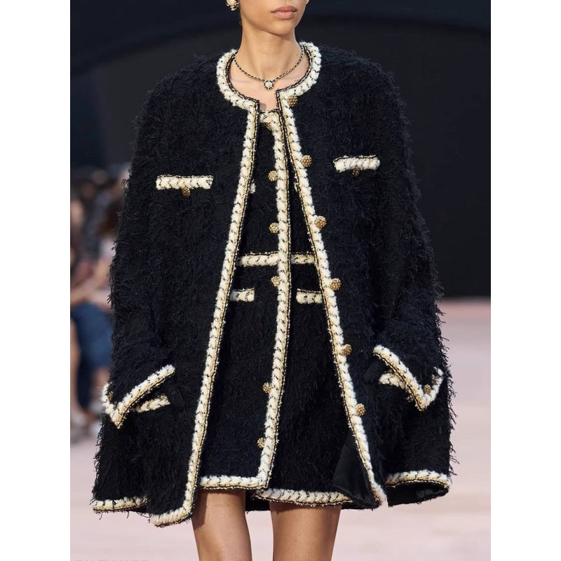 Wool Tweed Coat Women's Dress Black Gold Button Color-Block Suit Slimming Fashion Rich Girl Style