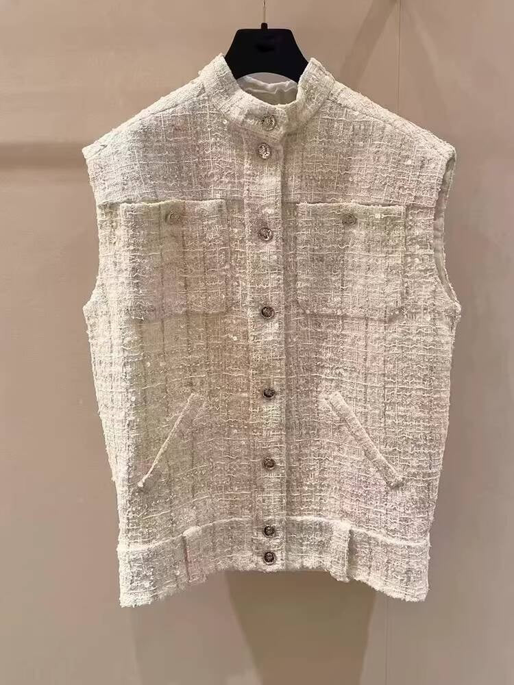 Spring Summer New Style Little Suit Vest Jacket Waistcoat Mid-Length Wide-Leg Pants Sequin Tweed Socialite Two-Piece Set