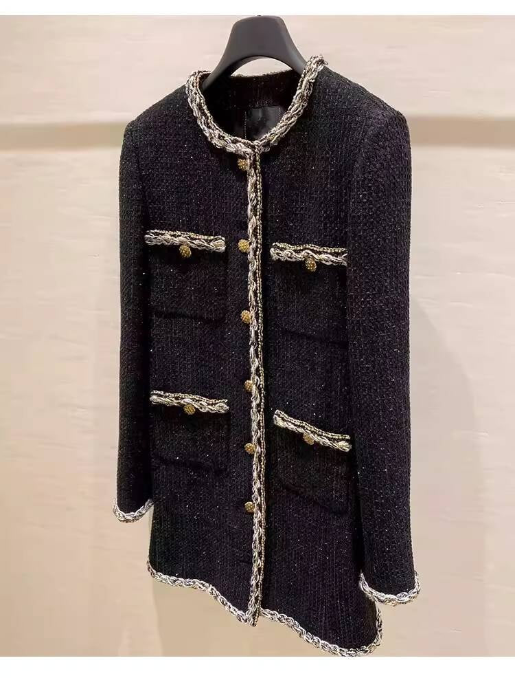 Little Black Long Style Elegant Coat for Women Mid-Length Metal Buckle Decorated Wool Tweed