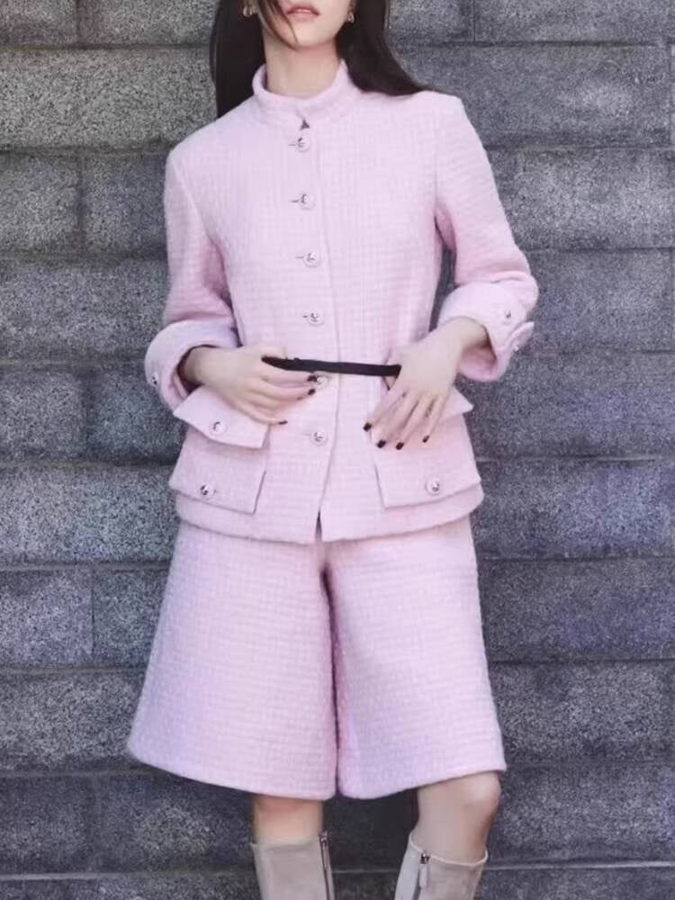 Spring and Autumn Little Style Socialite Elegant Suit Women's Coat Wide-Leg Mid-Length Pants Wool Tweed High-End Pink Two-Piece Set