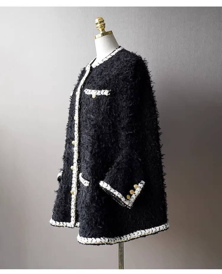 Wool Tweed Coat Women's Dress Black Gold Button Color-Block Suit Slimming Fashion Rich Girl Style