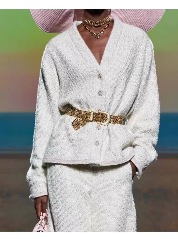 Autumn Winter New Off-White Wool Coat Wide-Leg Bathrobe Tweed Top Pants Socialite Celebrity Style Set