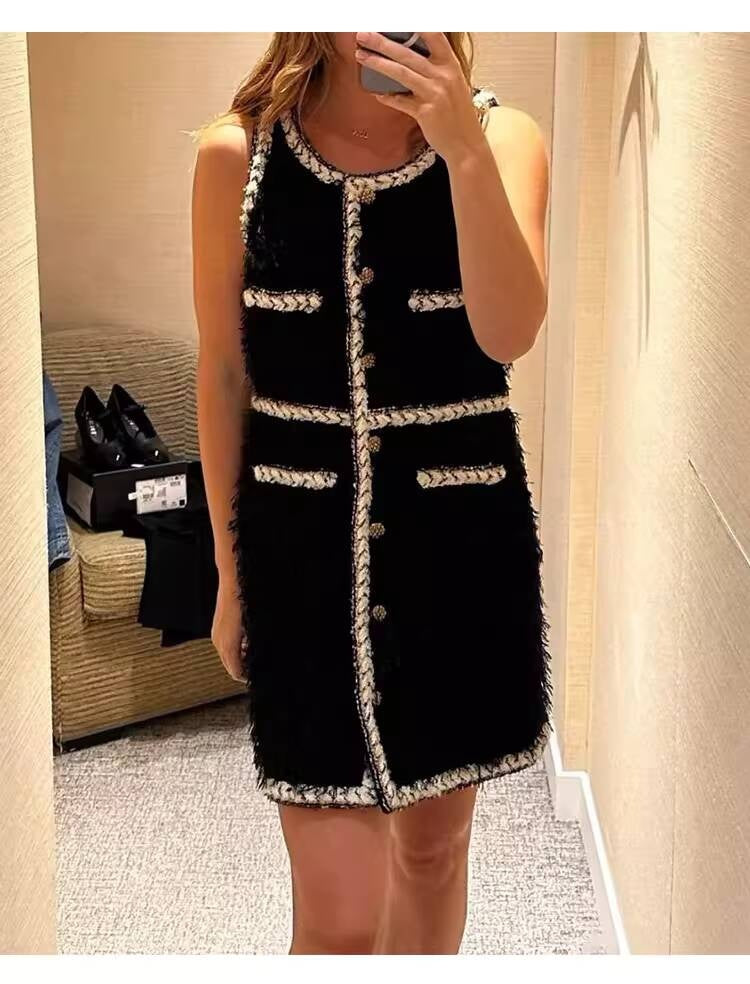 Wool Tweed Coat Women's Dress Black Gold Button Color-Block Suit Slimming Fashion Rich Girl Style