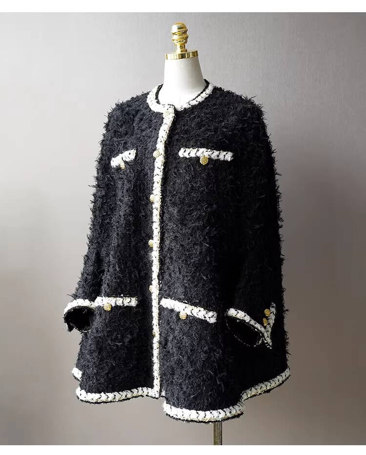 Wool Tweed Coat Women's Dress Black Gold Button Color-Block Suit Slimming Fashion Rich Girl Style
