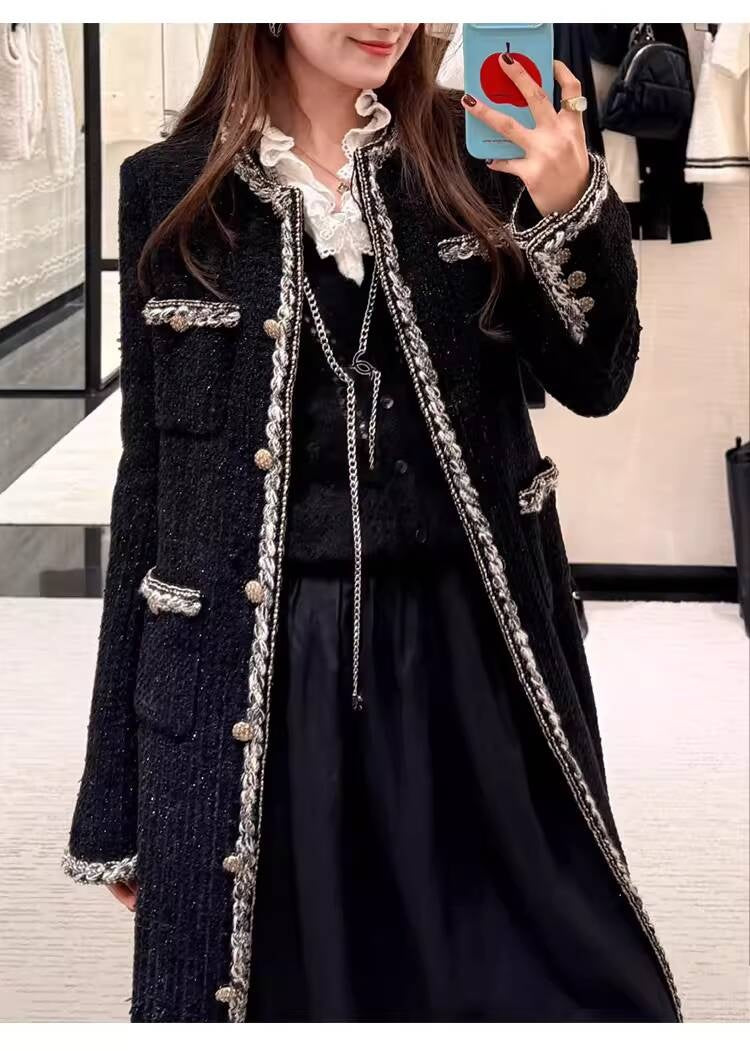 Little Black Long Style Elegant Coat for Women Mid-Length Metal Buckle Decorated Wool Tweed