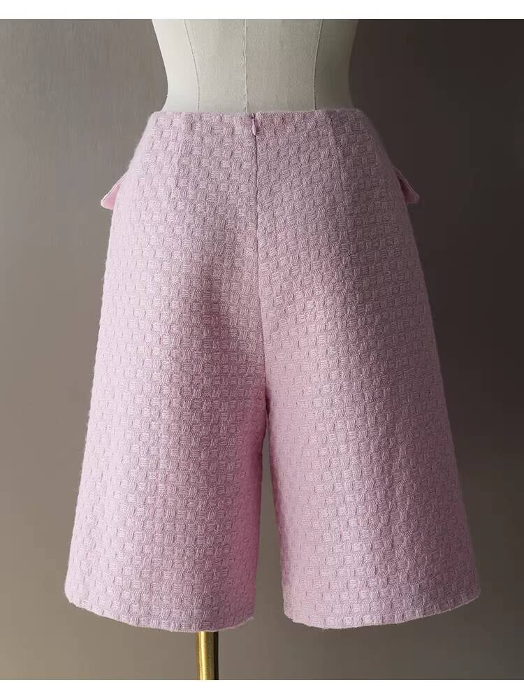 Spring and Autumn Little Style Socialite Elegant Suit Women's Coat Wide-Leg Mid-Length Pants Wool Tweed High-End Pink Two-Piece Set