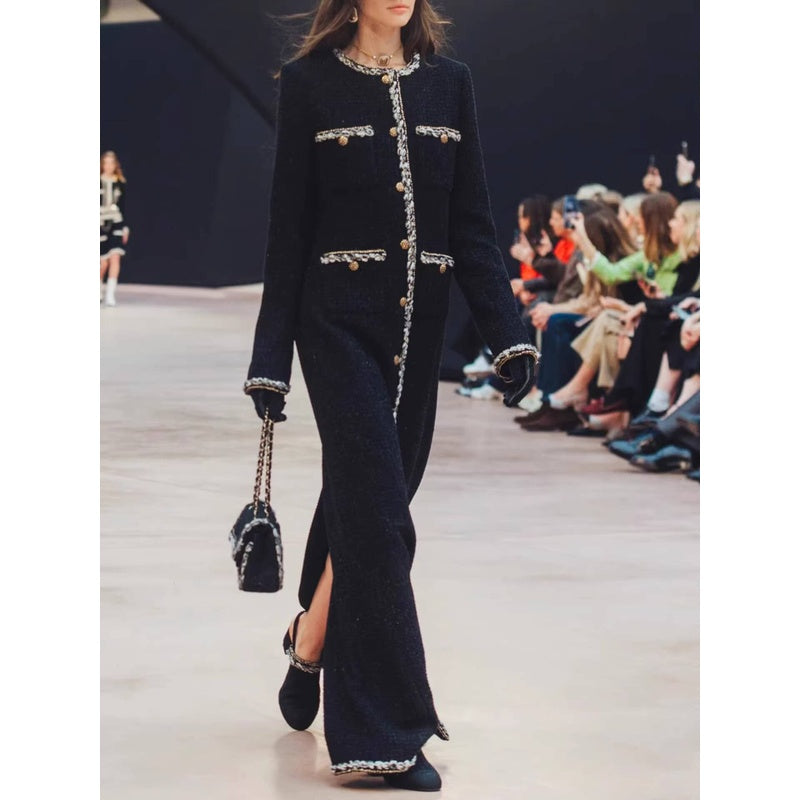 Little Black Long Style Elegant Coat for Women Mid-Length Metal Buckle Decorated Wool Tweed