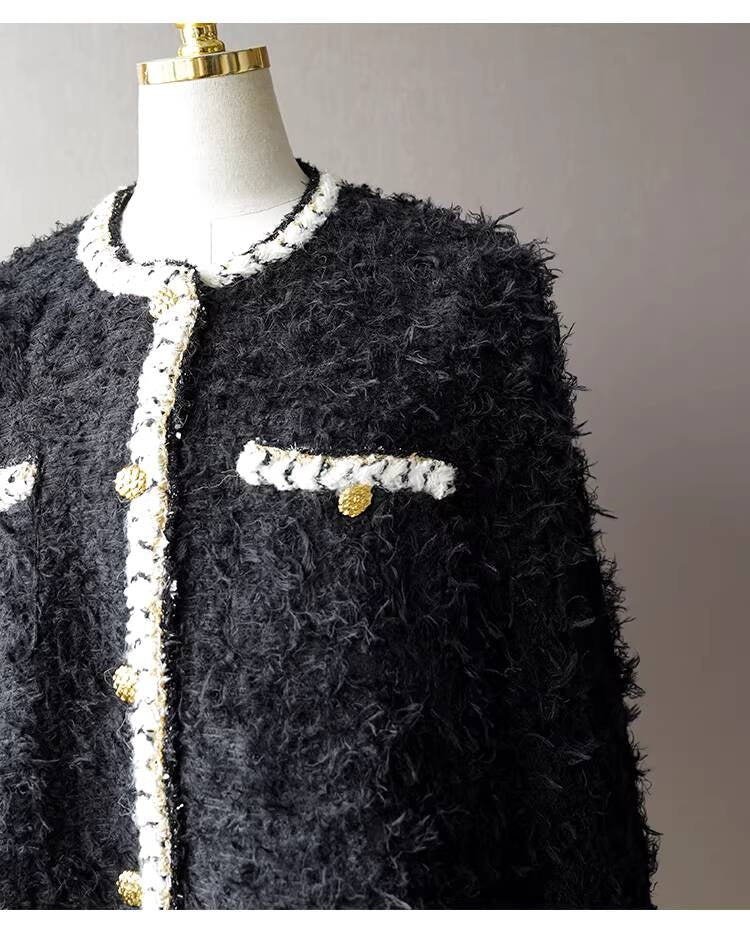 Wool Tweed Coat Women's Dress Black Gold Button Color-Block Suit Slimming Fashion Rich Girl Style