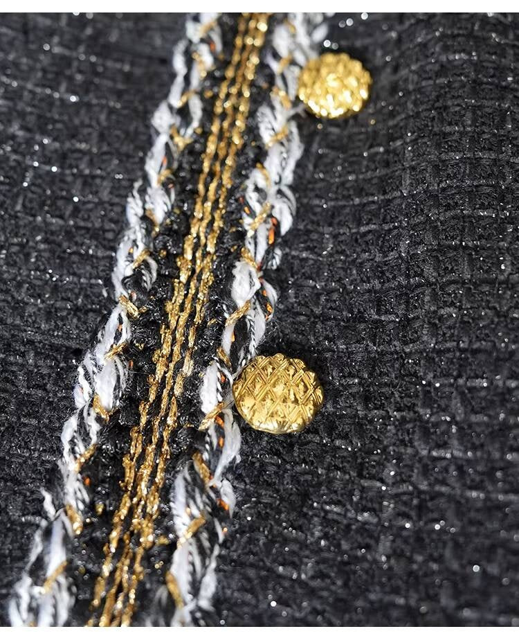 Little Black Long Style Elegant Coat for Women Mid-Length Metal Buckle Decorated Wool Tweed