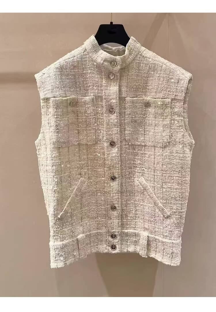 Spring Summer New Style Little Suit Vest Jacket Waistcoat Mid-Length Wide-Leg Pants Sequin Tweed Socialite Two-Piece Set