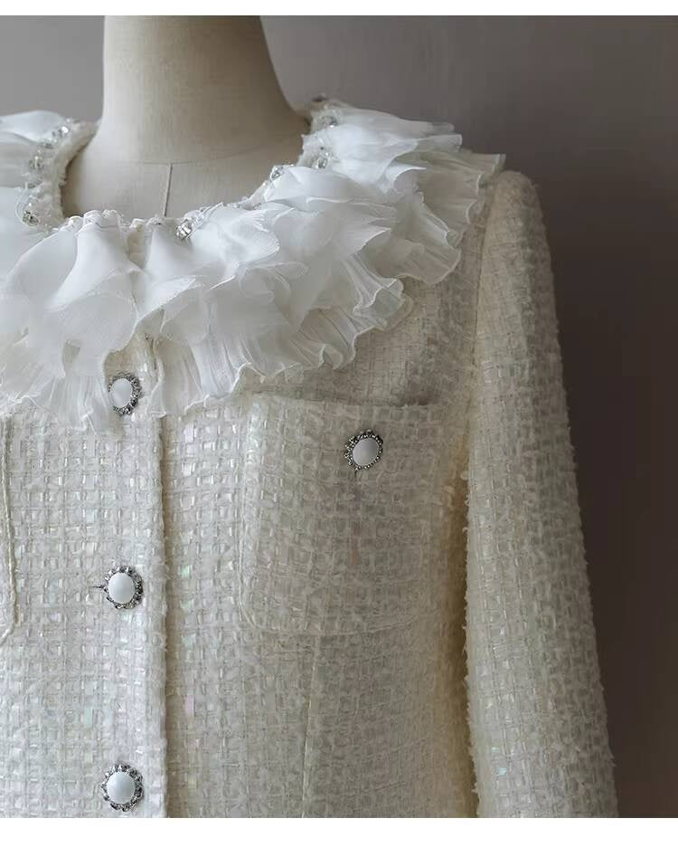 Style White Tweed Suit for Women, Autumn Winter, Socialite Jacket Shorts, Slimming and Elegant High-End Women's Clothing