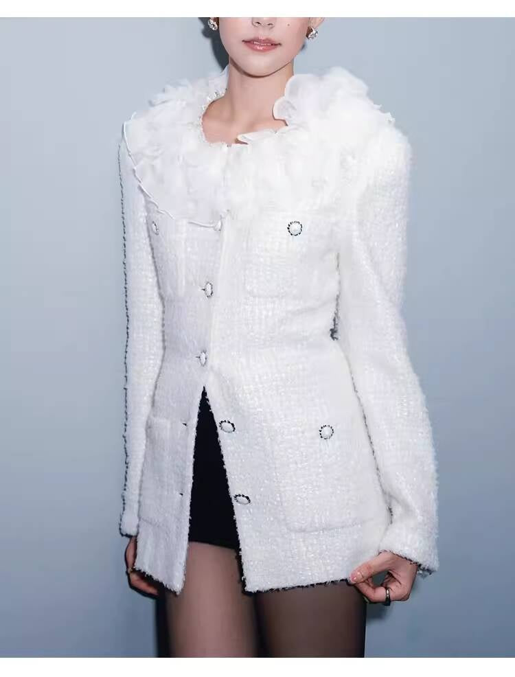 Style White Tweed Suit for Women, Autumn Winter, Socialite Jacket Shorts, Slimming and Elegant High-End Women's Clothing