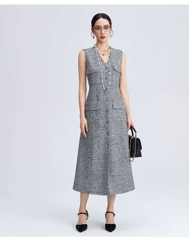 Spring Summer Little Style Women Mid-Length High-End Modern Gray Slim Fit Tweed Vest Dress Women's Clothing