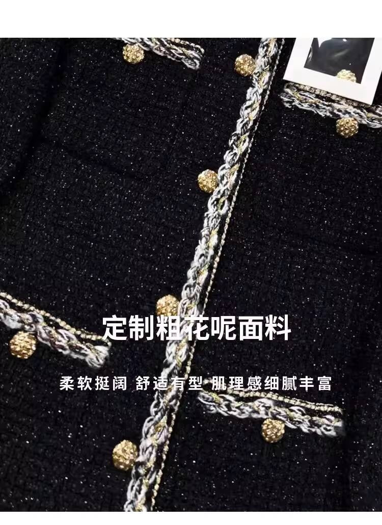 Little Black Long Style Elegant Coat for Women Mid-Length Metal Buckle Decorated Wool Tweed