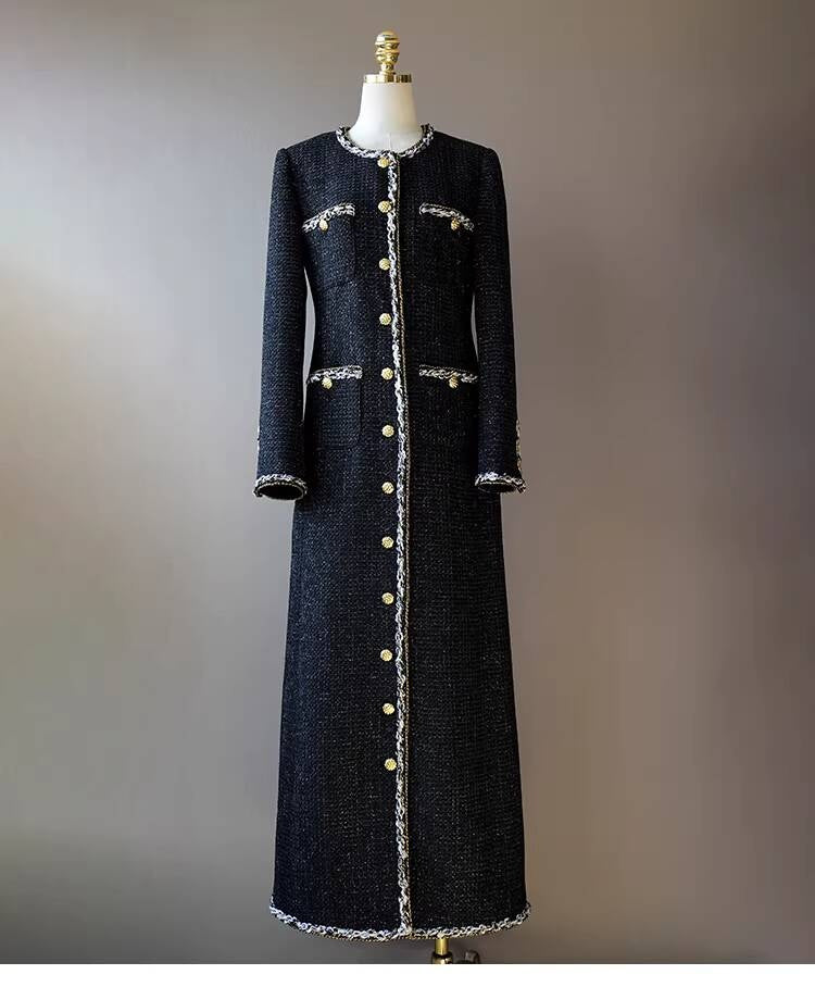 Little Black Long Style Elegant Coat for Women Mid-Length Metal Buckle Decorated Wool Tweed